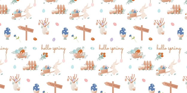 Happy Easter clip artPatternEaster bunny bunny with wheelbarrow flowers basket with Easter eggs