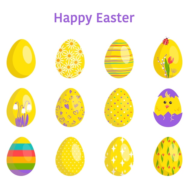 Happy easter collection of eggs with different textures patterns and festive decorations on a white ...