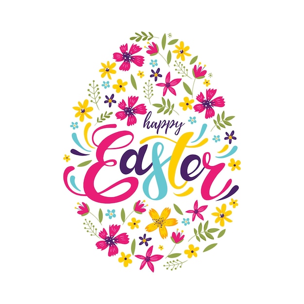 Happy Easter colorful lettering with flowers Colorful easter egg with flowers Vector EPS10