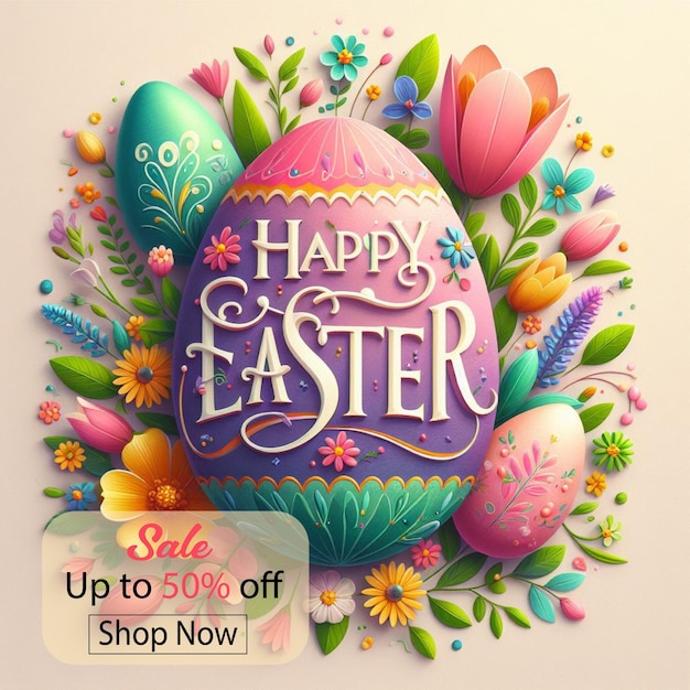 happy easter colorful lettering with flowers colorful easter egg with flowers