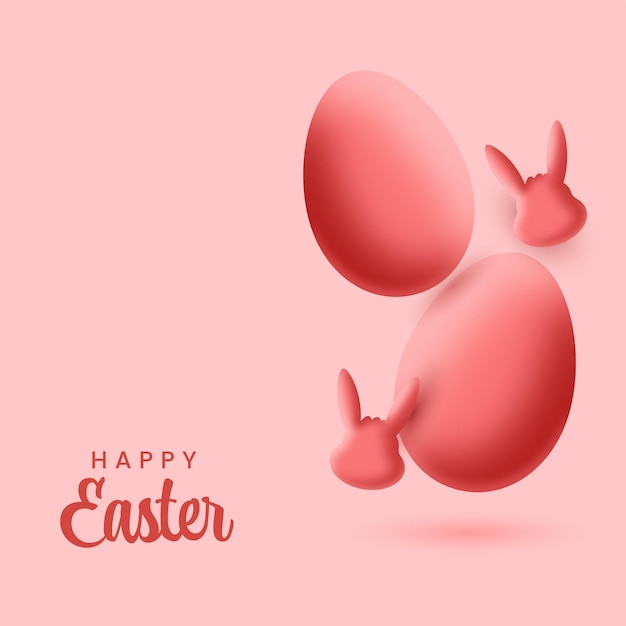 Happy Easter Concept With Glossy Eggs And Bunnies Face On Pastel Red Background.