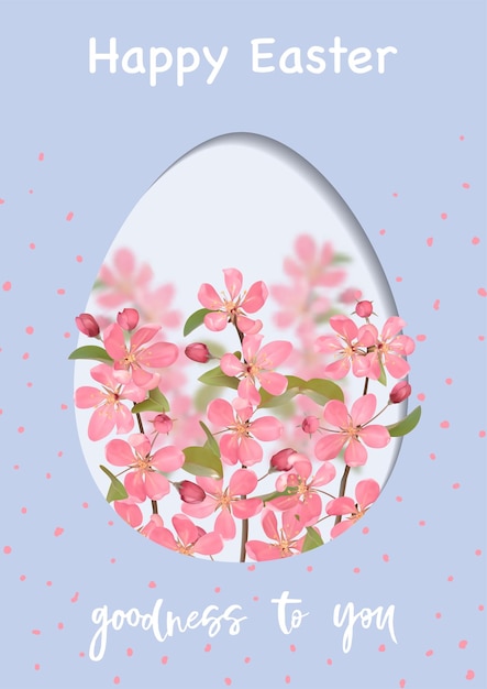 Happy Easter Cover with egg and realistic cherry blossom