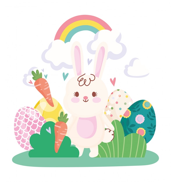 Happy easter cute bunny carrots eggs rainbow grass decoration