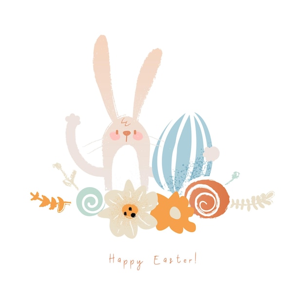 Happy easter cute bunny illustration Hand drawn funny card with rabbit in cartoon style