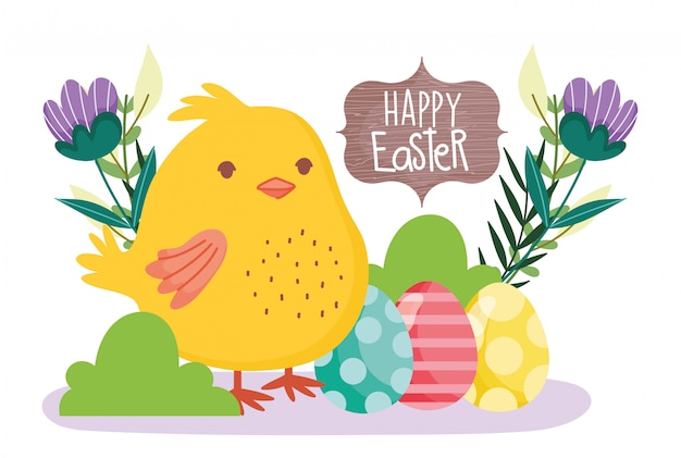 Happy easter cute chicken decorative eggs flowers banner