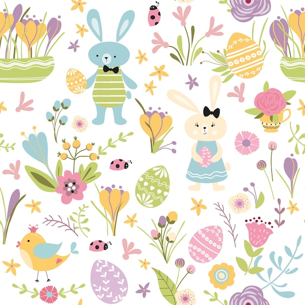 Happy Easter cute hand drawn card with rabbit Bunny bird eggs spring flowers branches on white Seamless pattern Vector illustration Spring Easter repeated background banner print Kids style