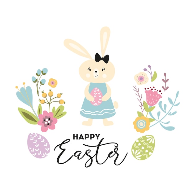 Happy Easter cute hand drawn card with rabbit Bunny girl eggs spring flowers branches on white Vector illustration for design flyers postcards with text Spring Easter banner print logo Kids style