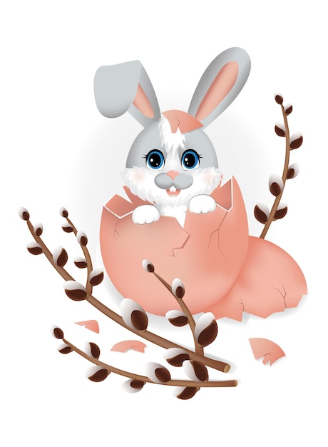 Happy easter Cute little rabbit or hare sitting in egg shell