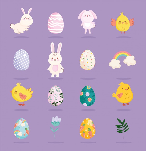 Happy easter cute rabbits chickens rainbow eggs flower