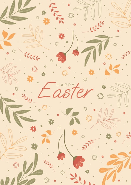 Happy Easter Day card in modern retro colors Botanical flat spring flowers leaves Greeting Card