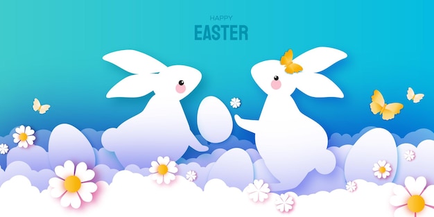 Happy Easter Day design greetings card with Cute white rabbits in paper cut style Bunny with flowers and butterfly Spring holidays in modern style Easter Egg Hunt with egg hunt Spring scene Vector