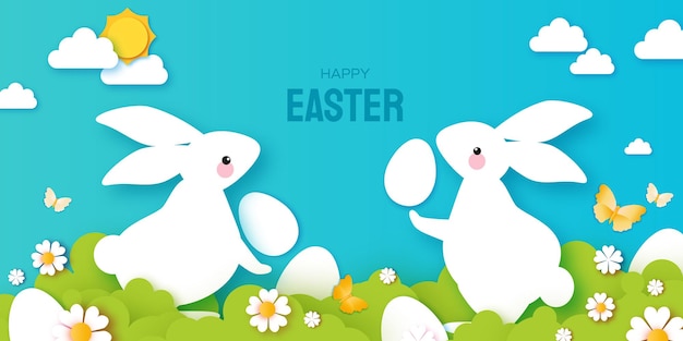 Happy Easter Day design greetings card with Cute white rabbits in paper cut style Bunny with flowers and butterfly Spring holidays in modern style Easter Egg Hunt with egg hunt Spring scene