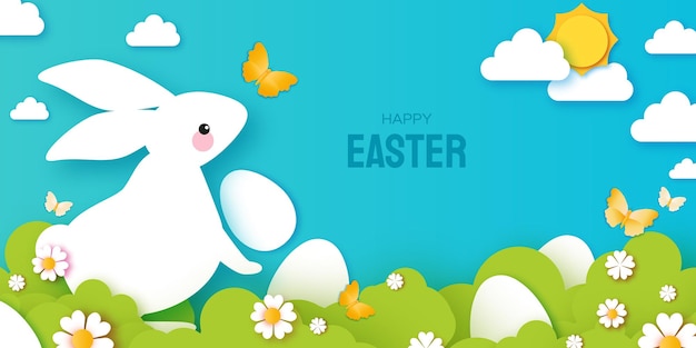 Happy Easter Day design greetings card with Cute white rabbits in paper cut style Bunny with flowers and butterfly Spring holidays in modern style Easter Egg Hunt with egg hunt Spring scene