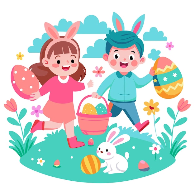 Happy Easter Day Eggs Hunt Kids Flat Illustration Design Wallpaper Background Template