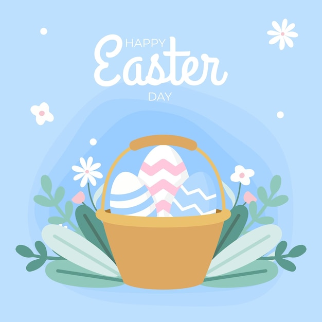 Happy easter day greeting card bucket of eggs with flower around it