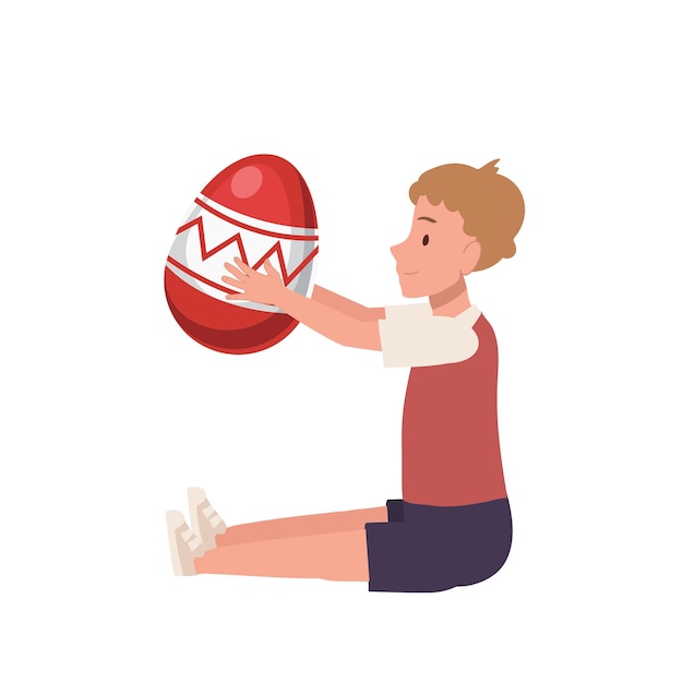 Happy Easter Day Little boy is sitting and holding a big easter egg Flat style vector illustration