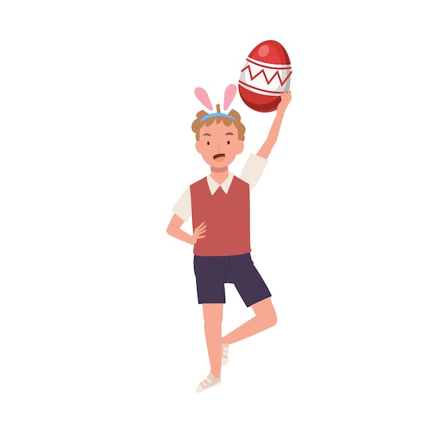 Happy Easter Day Little boy with bunny ears is happy to found a Big Easter egg holding big easter egg upper head Flat style vector illustration