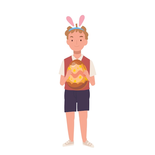 Happy Easter Day Little boy with bunny ears is holding a big Easter egg Flat style vector illustration