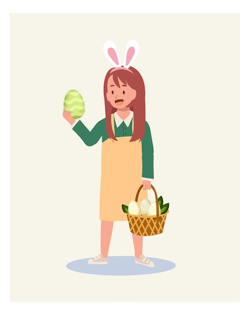 Happy Easter Day Little girl with bunny ears holding an easter egg and a basket in other hand Flat style vector illustration