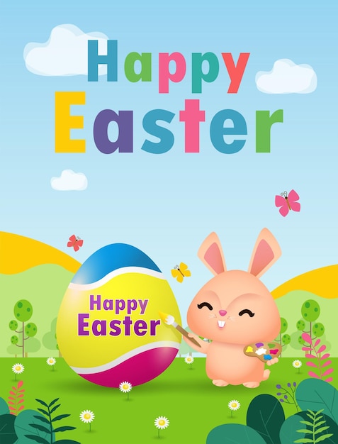 Happy Easter day poster Little Rabbit Bunny with a painted egg with greeting card Easter festival