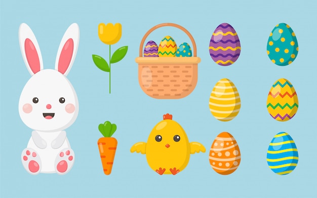 Happy Easter day set. cartoon character rabbits and chicks isolated