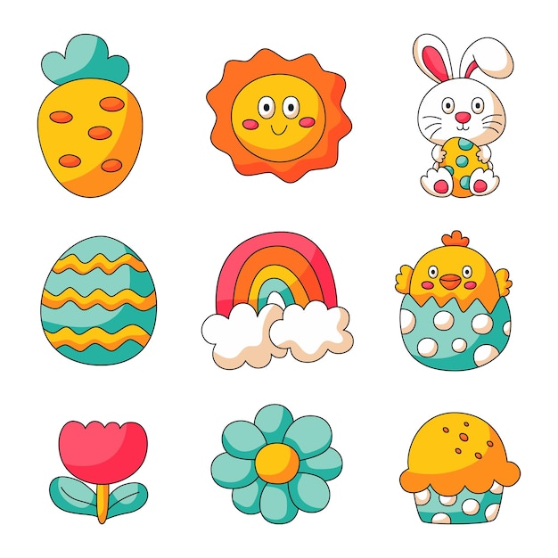 Happy Easter day thin line icons set cartoon character rabbits and chicks on white background