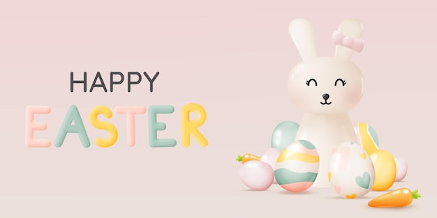 Happy easter day with cute rabbit in pastel color 3d realistic art style and lot of easter eggs vector illustration