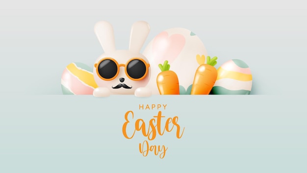 Happy easter day with cute rabbit in pastel color 3d realistic art style and lot of easter eggs vector illustration