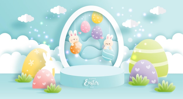 Happy Easter day with cute rabbit and round podium for product display