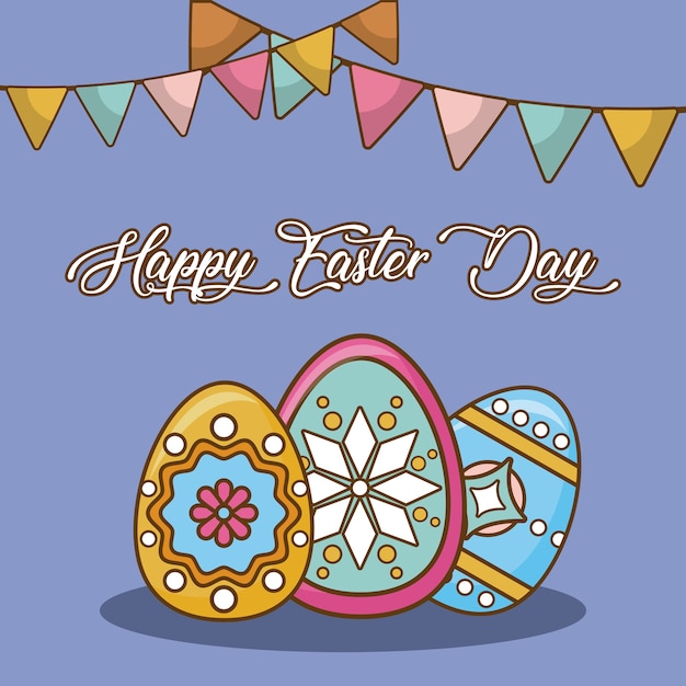 Happy easter day with decorative pennants and colorful easter eggs over purple background