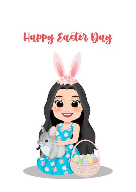 Happy Easter Day with Girl in Flower Dress Setting on the Floor with Rabbit and Eggs Basket Cartoon Vector