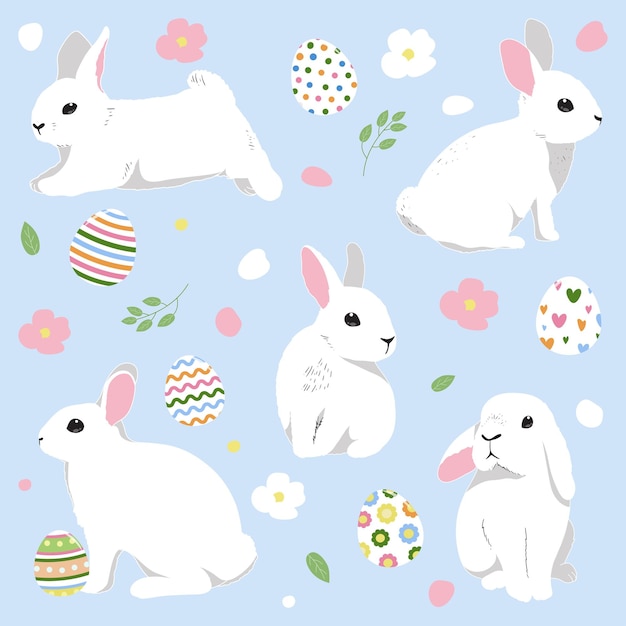 Happy Easter day with white bunny in different bunny rabbit poses and easter eggs vector