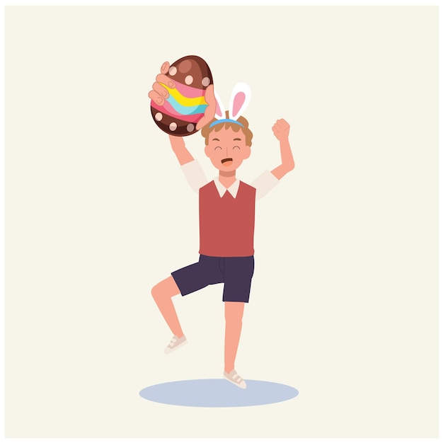 Happy Easter Dayhappy Little boy with bunny ears holding Easter egg I found easter egg Flat style vector illustration