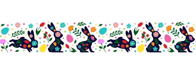 Happy Easter decorated easter card banner Bunnies Easter eggs flowers and basket Folk style patterned design