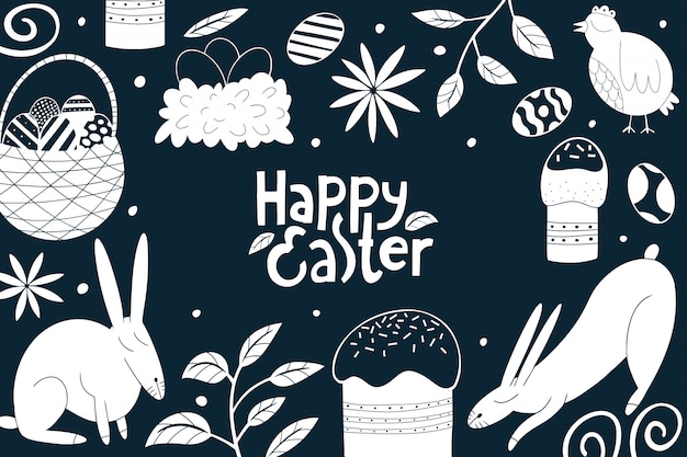 Happy Easter design template. Spring holiday concept  illustrations. Chicken, rabbit, flowers, cakes and eggs.