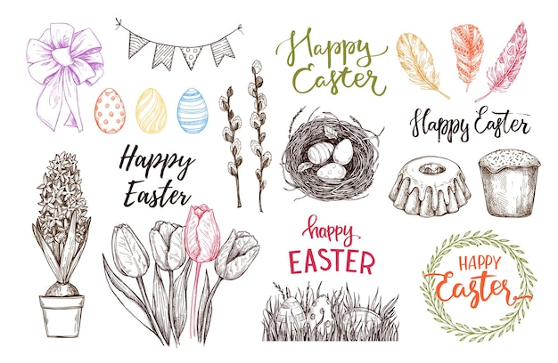 Happy Easter drawings: easter eggs, feathers, nest, cake, lettering, spring flowers