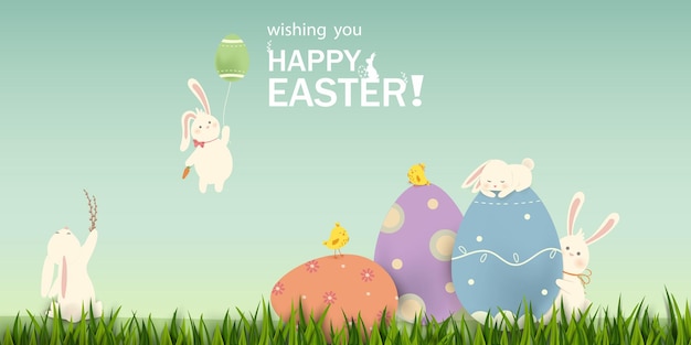 Happy Easter Easter Rabbit Bunny with eggs on grass field banner template