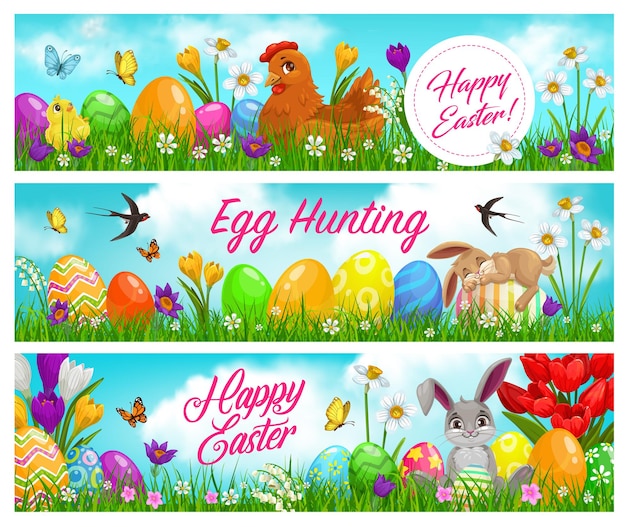 Happy easter and egg hunting banners with funny bunny