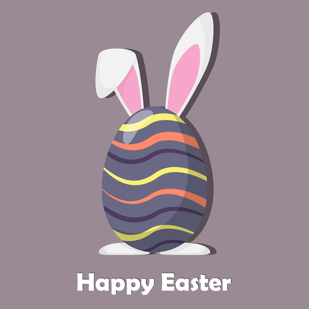 Happy easter egg with rabbit ears and paws Easter card design Vector illustration in flat style