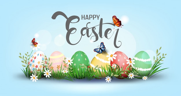 Happy Easter   element for design.eggs in green grass with white flowers isolated