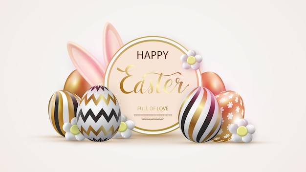 Happy Easter Festive background design with golden eggs and bunny ears