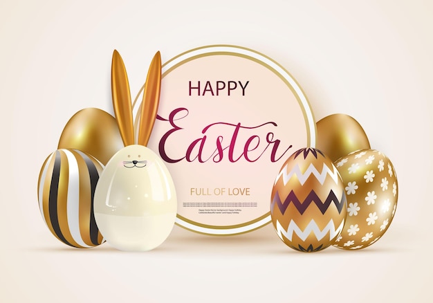 Happy Easter Festive background design with golden eggs and easter ceramic bunny