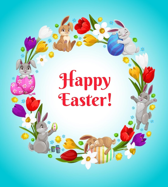 Happy Easter flower wreath with bunnies and decorated eggs