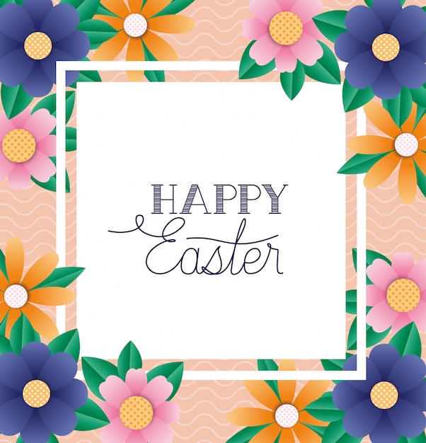 Happy easter flowers frame vector design