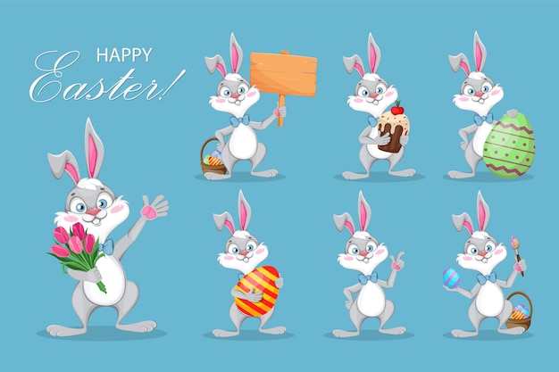 Happy Easter. Funny cartoon rabbit, set