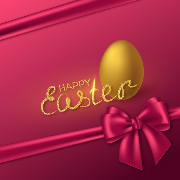 Vector happy easter glitter lettering with realistic 3d golden egg and purple bow.