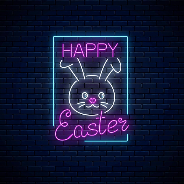 Happy easter glowing signboard with bunny and lettering in neon style Easter bunny greeting