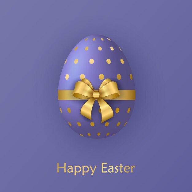 Vector happy easter greeting card 3d easter egg with golden ribbon and bow