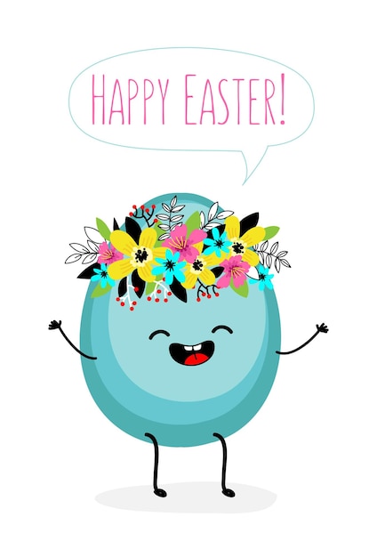 Happy easter greeting card Character egg with kawaii smiling face and wreath of flowers on the head white background