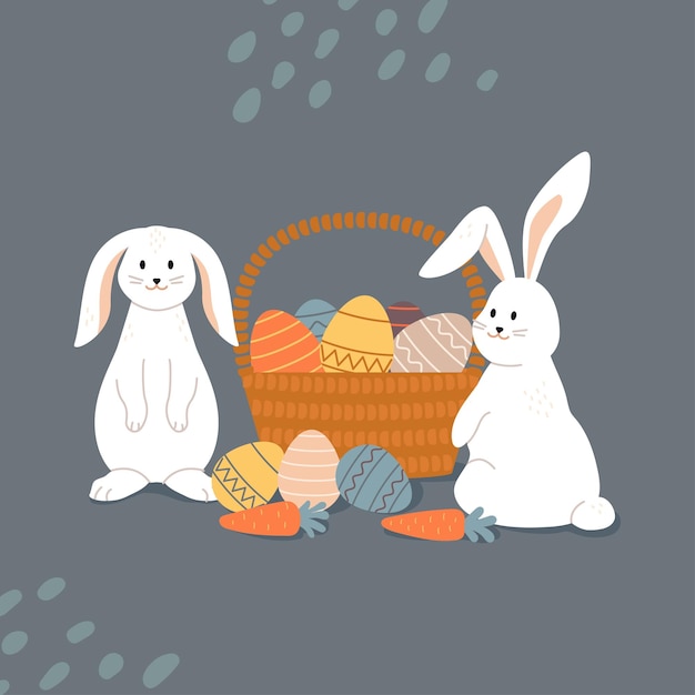 Happy Easter greeting card of cute rabbits with the basket with Easter eggs and carrots